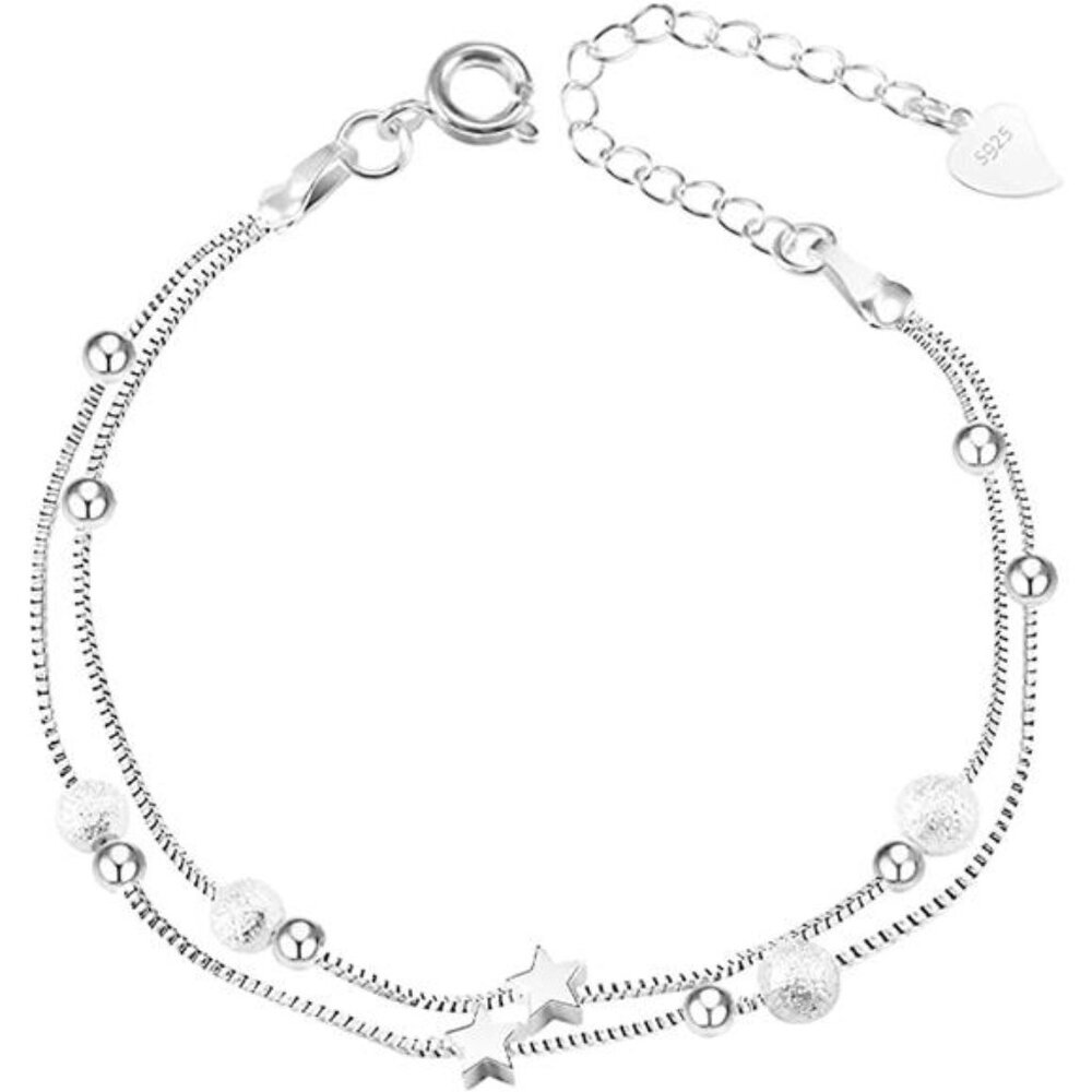 Silver 925 Charm Link Bracelet - Layered Stars & Beads, Adjustable Chain for Wom